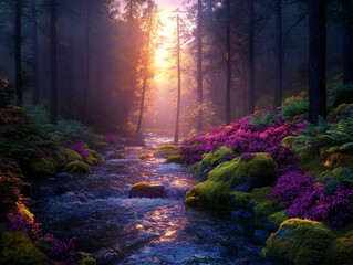 A magical forest bursting with vibrant flowers and moss-covered rocks, illuminated by soft sunlight streaming through the trees. A gentle stream flows into a serene waterfall in the background, creati