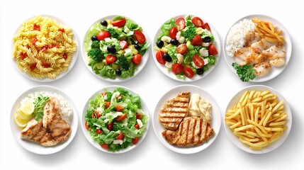 Assorted bowls with salads, fries, meat and vegetables