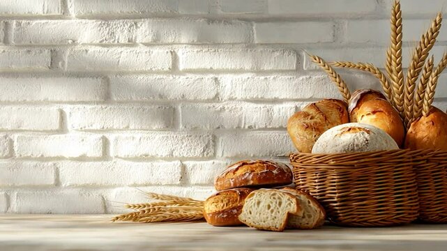 Artisan bread assortment with wheat stalks on marble surface near painted brick wall