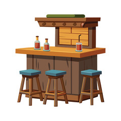 Rustic wooden bar counter with three stools and drinks in a saloon setting