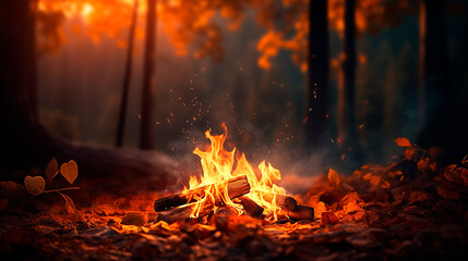 Close-up of a vibrant campfire in an autumn forest. Sparks fly as the flames dance, surrounded by fallen leaves and warm evening light. Autumn background with copy space
