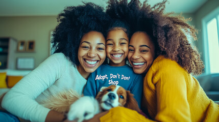 Joyful Black family portrait with a beloved pet dog, celebrating family love and advocating for animal adoption; suitable for print, social media, or awareness campaigns.