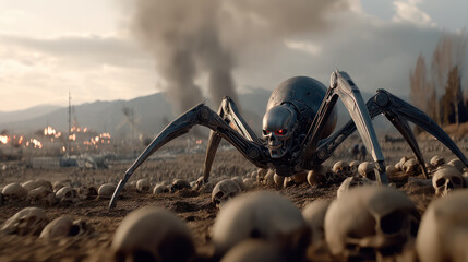 Spider-like metal robot and a lot of human skulls. Post-nuclear war dystopian future