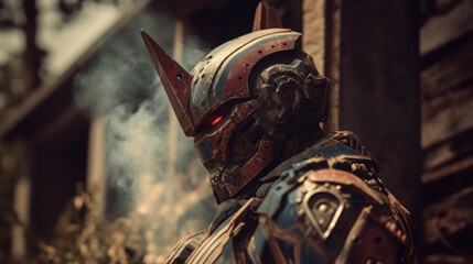 Man-like metal cyborg robot after a battle, dystopian post-nuclear war scenery