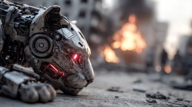 Stray cyborg cat in abandoned destroyed town. Dystopian future