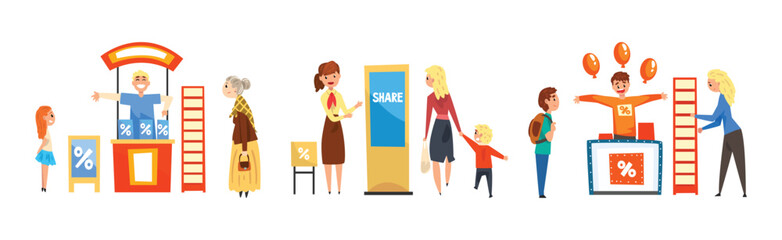 Sales Promotion with Man and Woman Promoter Character Advertising Products or Services Vector Set