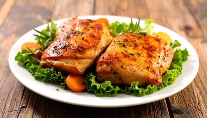 Brown roasted chicken with rosemary and carrot garnish