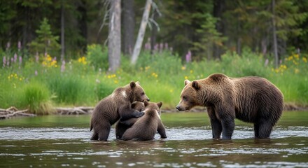 Obraz premium A mother bear and her cubs interacting in a shallow, watery environment.