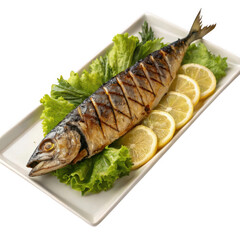 Grilled mackerel fish with lemon slices and lettuce isolated on transparent background