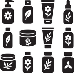 Natural and Organic Skincare Product Silhouettes, Vector Icons of Cosmetic and Beauty Product Bottles with Botanical Elements, Clean Beauty Containers, Herbal Product Vectors