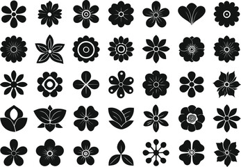 Flower Silhouette Vector Set, Collection of Diverse Floral Silhouettes, Black and White Botanical Icons Set.
