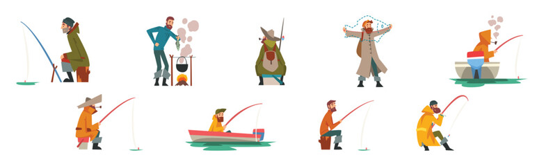 Happy Fisherman Character Catching and Angling in Pond or River Vector Set
