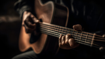Fototapeta premium Musician playing acoustic guitar in warm light