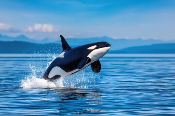Fototapeta premium Majestic orca leaps from tranquil waters, captured during a vibrant summer day off the coast of a stunning marine landscape