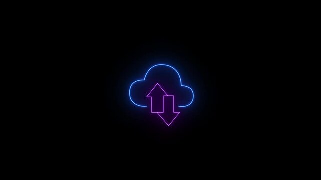 Glowing neon cloud storage with arrows, looped animation. Cloud space and technology, data backup icon.