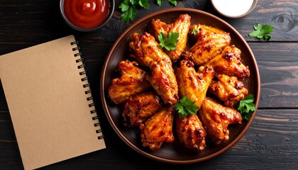 Crispy grilled wings served with ketchup and textured brown notebook