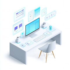 isometric illustration of a programmer desk with holographic screens, keyboard, and AI assistant floating, clean minimal style, tech icons, white background 