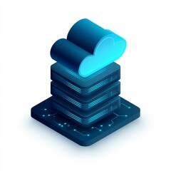 isometric icon of a cloud server stack connected with digital nodes and data streams, tech blue and cyan colors, elegant modern flat vector style