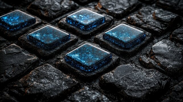 Textured stone grid with glowing blue gems