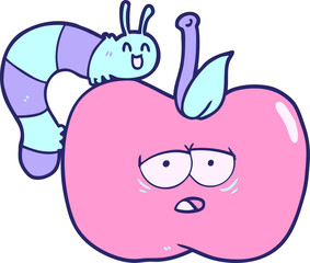 cartoon apple and bug in bright neon color