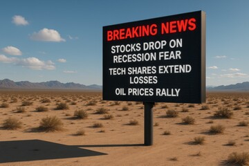Breaking news stocks drop on recession fear desert landscape digital display economic alert