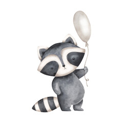 Woodland friends. Watercolor hand-drawn illustration with funny raccoon and balloon. For design baby partyes, baby shower, birthday, and nursery.