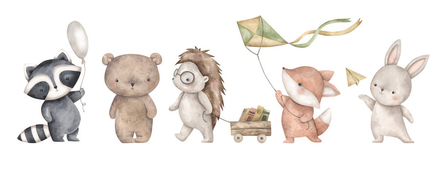 Woodland friends. Watercolor hand-drawn clip art with forest animals - bear, bunny, fox, raccoon, hedgehog. For design baby partyes, baby shower, birthday, and nursery.