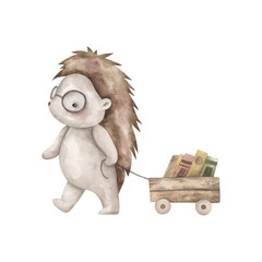 Woodland friends. Watercolor hand-drawn illustration with hedgehog, glasses, cart with books. For design baby partyes, baby shower, birthday, and nursery.