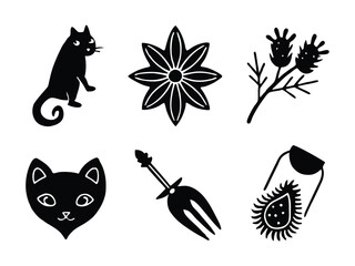 Obraz premium Black Silhouette Icons of Cats, Plants, and Garden Tools