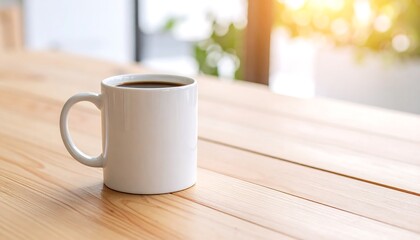 Obraz premium Minimal white mug with coffee on blonde wood table