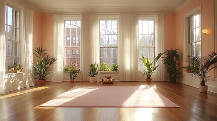 A sun-drenched, serene yoga  with abundant houseplants.