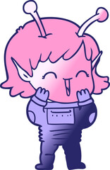 cartoon alien girl giggling in bright neon color