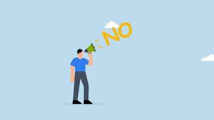 4k animation of confident businessman speaks loudly in megaphone with the word No to his boss. - Powered by Adobe