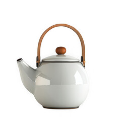 Elegant white enamel teapot with wooden handle isolated on transparent background