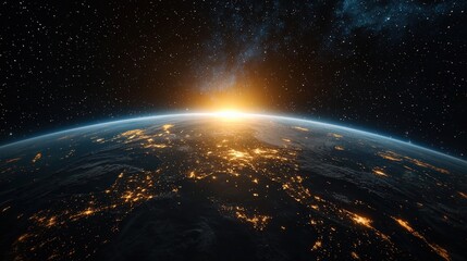 Earth seen from deep space, surrounded by stars and glowing cosmic light