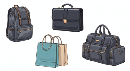 Variety of Bag: A diverse assortment of bags suitable for various purposes, meticulously rendered in a visually captivating illustration, highlighting versatility in the field of fashion and travel.