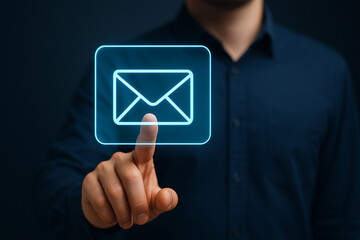 Man Tapping Glowing Digital Direct Message Icon in Futuristic Interface for Communication, Messaging, Email, Inbox, Network, and Technology Concepts