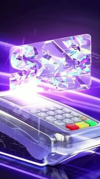 vertical 9:16 A credit card tapping on a neon card reader, minimalist futuristic background, hypnotic slow motion loop effect, debt-meets-wealth commentary