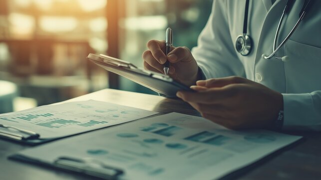 A healthcare worker in a white coat is taking notes on a clipboard while analyzing charts and graphs related to patients. The warm afternoon light enhances the clinical atmosphere.