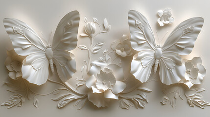 Beautiful white 3D paper butterflies on a sophisticated wall with an embossed texture
