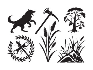 Silhouette Vector Set – Wolf, Pickaxe, Tree, Dragonfly Wreath, Wheat & More
