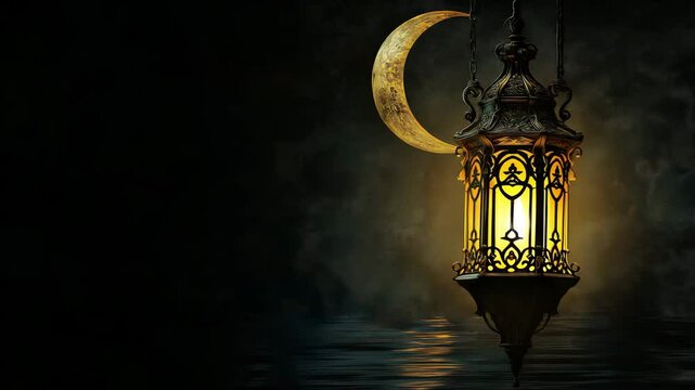 Traditional lantern swaying gently in front of glowing crescent moon over dark water &mdash; video with copy space on the left for Ramadan greetings, religious content, or spiritual visual stories in warm 