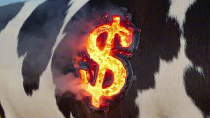 A hot dollar sign [$] brand on a black and white cow