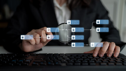 Blockchain structure showing distributed data blocks linked with encryption, representing secure...
