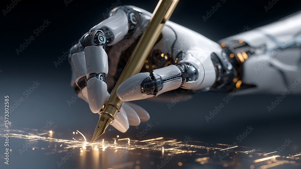 Poster robotic hands writing virtual ai algorithms into the air as bright light streams follow