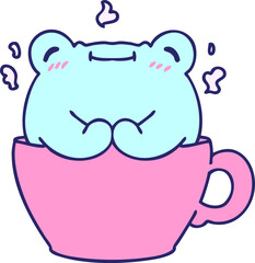 cartoon of a cute frog sitting in a coffee cup in bright neon color