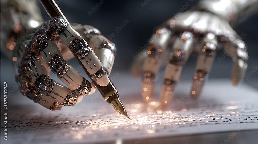 Poster robotic hands writing virtual ai algorithms into the air as bright light streams follow
