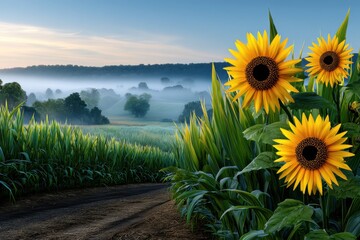 Sunflowers bloom beside a serene pathway in a misty morning landscape near rolling hills
