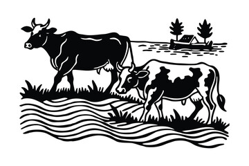 Cows Grazing by a Lakeside – Vector Farm Scene