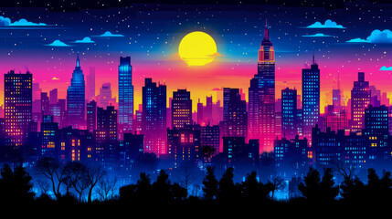 Obraz premium A vibrant retro-futuristic urban skyline at twilight, featuring glowing buildings, a radiant setting sun, and a starry night, ideal for digital art or print.